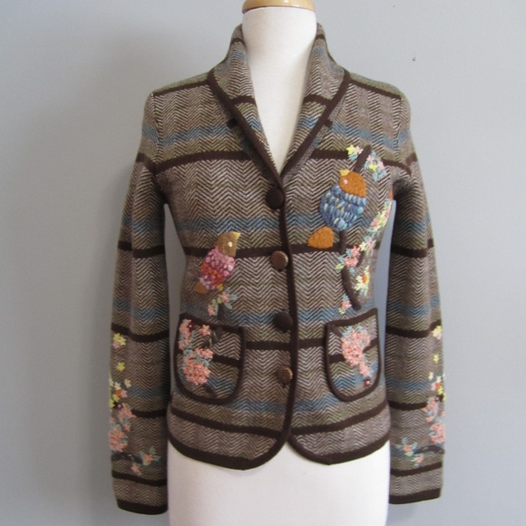 Moth Anthopologie Hand Embroidered Merino Wool Long Sleeve Classy Blazer/Jacket - Picture 1 of 14